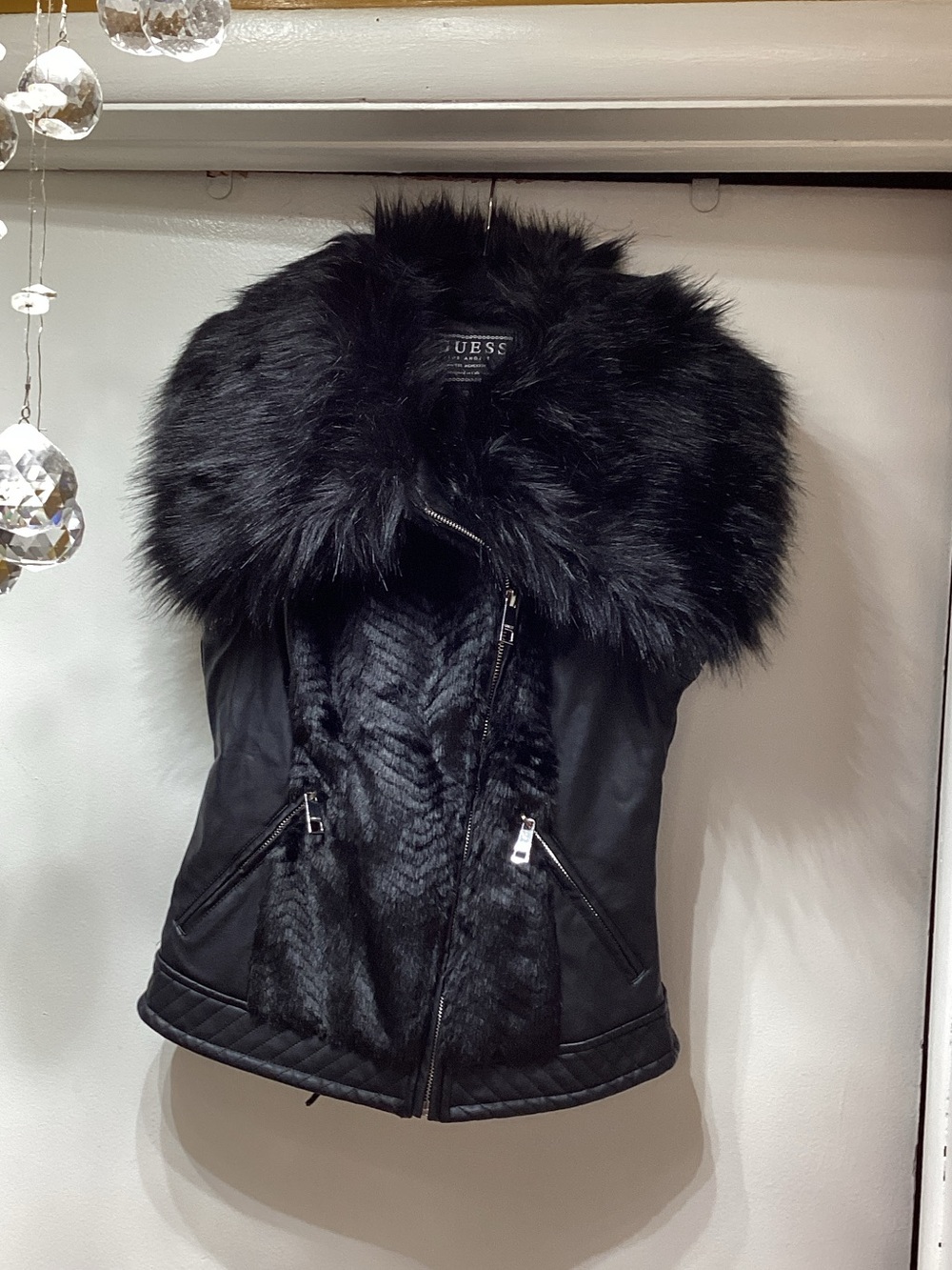 GUESS Black Faux Fur-Trimmed Moto-Style Vest